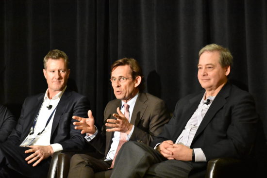 Angus Ross, Deloitte Consulting LLP; Lex Kerssemakers, Volvo; 
Harry Lightsey, General Motors; speak during a mobility panel at CBA Live 2017. (Photo By William Hoffman)