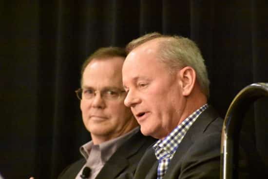 (L-R) John Redding, partner at Buckley Sandler, and Ken Rojc, managing partner of Nisen & Elliott LLC's Automotive Finance Group, discuss auto finance regulation at CBA Live 2017. (Photo by William Hoffman)