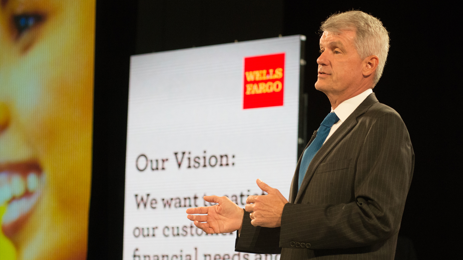 Wells Fargo CEO and President Tim Sloan speaks to team members during a company wide town hall meeting in Pasadena, CA on May 16, 2017. (Via Wells Fargo)