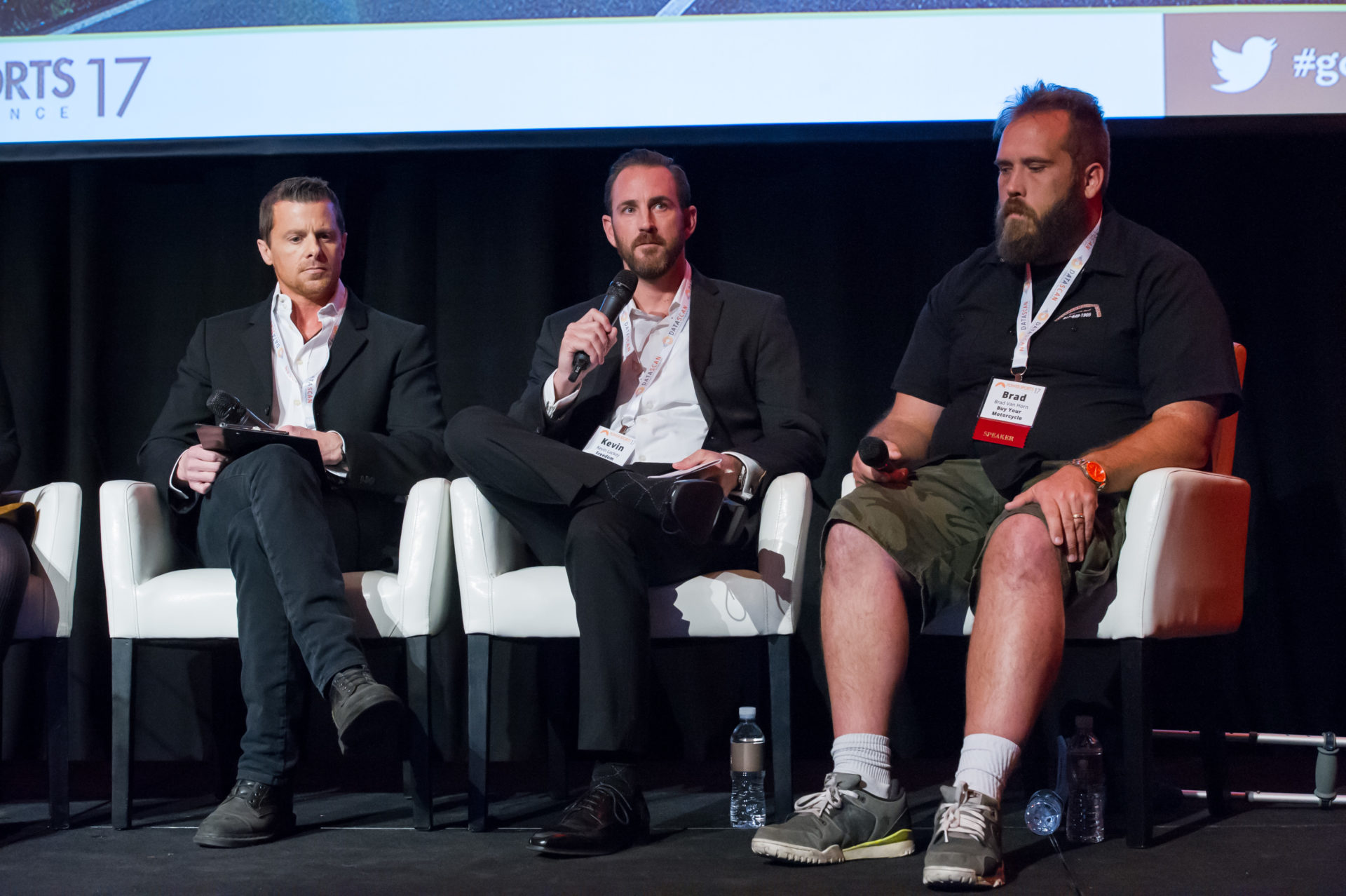 Pictured, from left: Chris Clovis, owner and operator, Freedom EuroCycle; Kevin Lackey, president and CEO, Freedom Powersports; and Bradley Van Horn, owner, Buy Your Motorcycle, discuss F&I in a panel discussion at PowerSports Finance 2017.