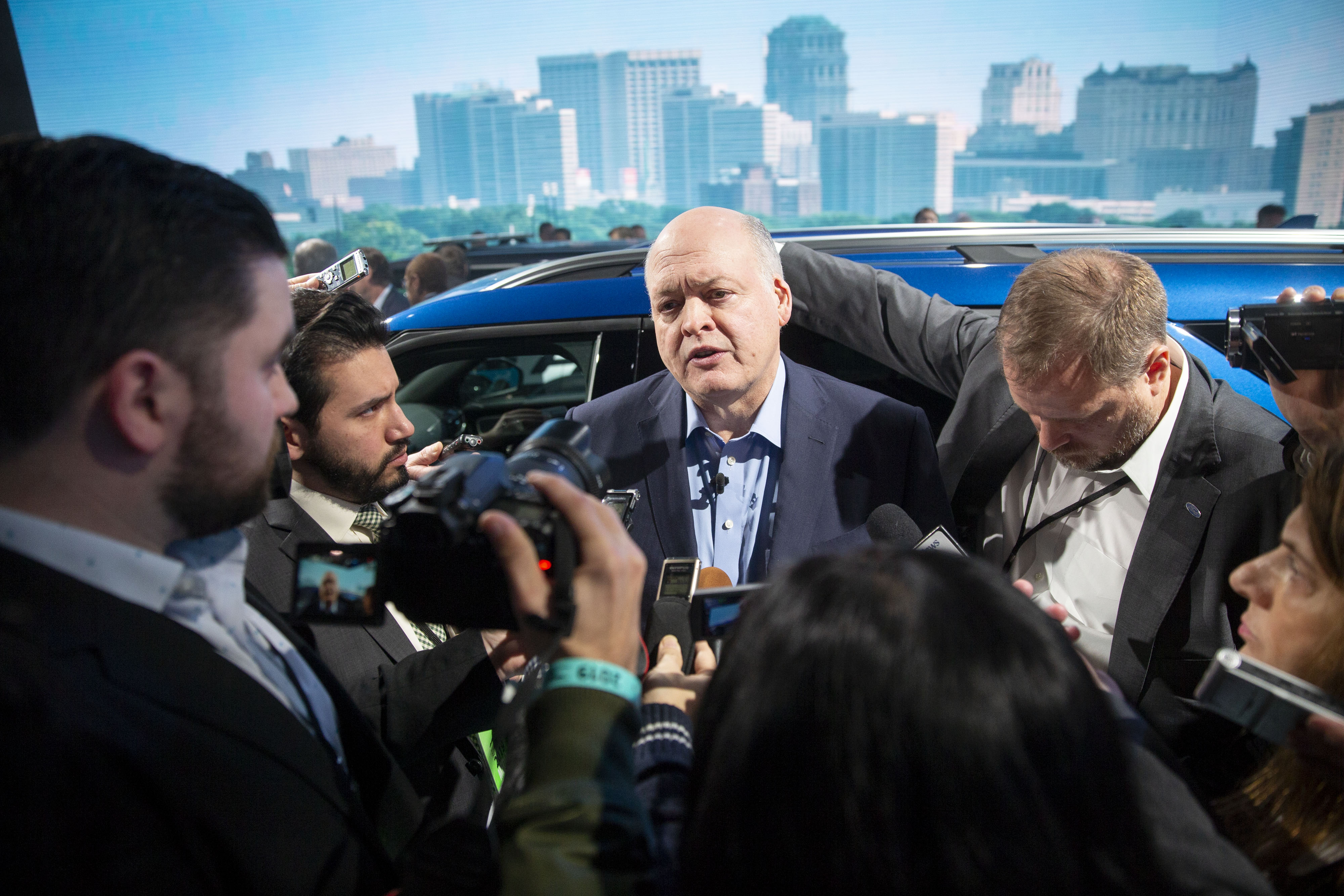 Jim Hackett, chief executive officer of Ford Motor Co., speaks to the media during the 2019 North American International Auto Show (NAIAS) in Detroit, Michigan, U.S., on Monday, Jan. 14, 2019. Ford debuted the most powerful vehicle it has ever made: The 2020 Ford Shelby GT500. The high-performance Mustang variant comes with a supercharged 5.2-liter V8 and more than 700 horsepower. Photographer: Daniel Acker/Bloomberg