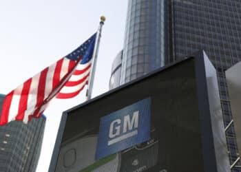 general motors building with american flag