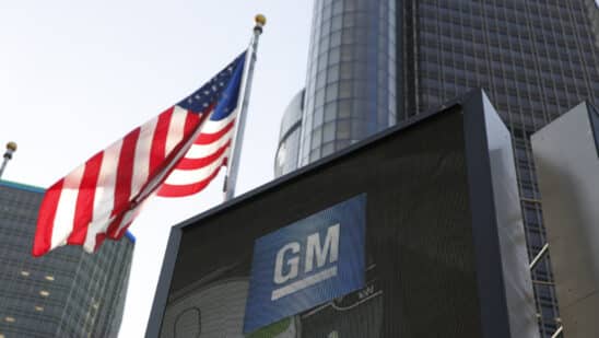 general motors building with american flag