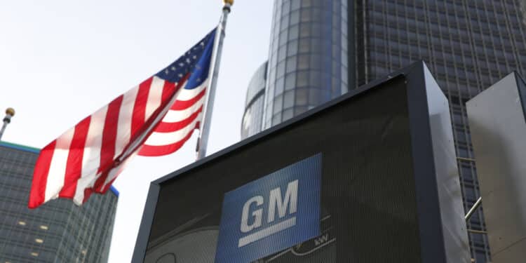 general motors building with american flag