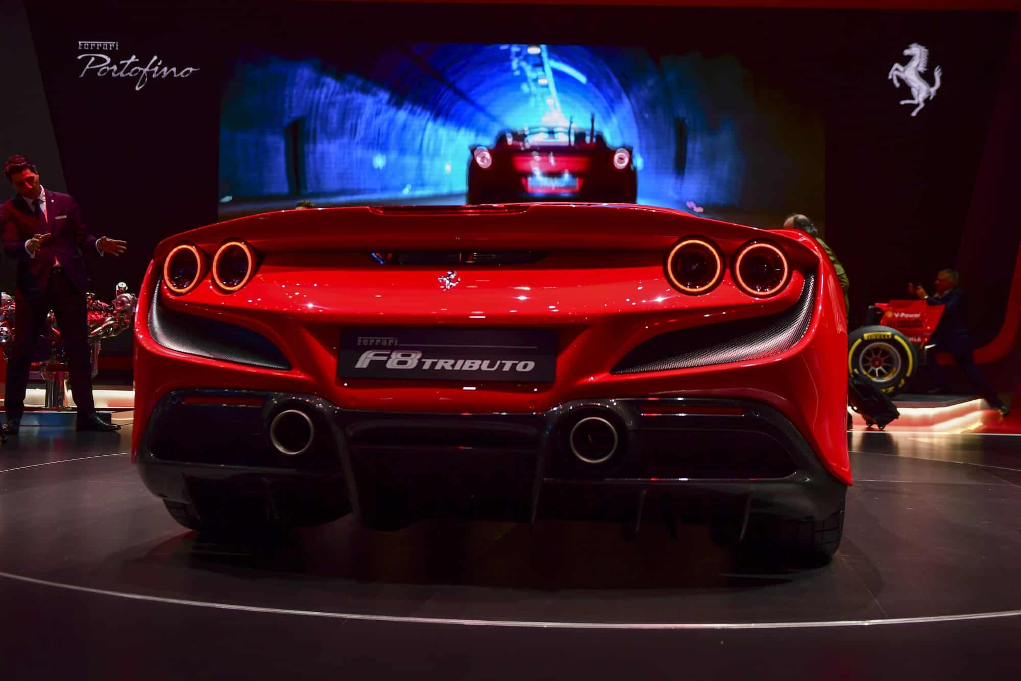 The new Ferrari NV F8 Tributo supercar sits on display on the opening day of the 89th Geneva International Motor Show in Geneva, Switzerland, on Tuesday, March 5, 2019. The show near Lake Leman, which opens to the public from March 7 to 17, will be the first gilded showcase of the year for the likes of Bugatti, Koenigsegg, Lamborghini, and Pininfarina, among others. Photographer: Chris J. Ratcliffe/Bloomberg