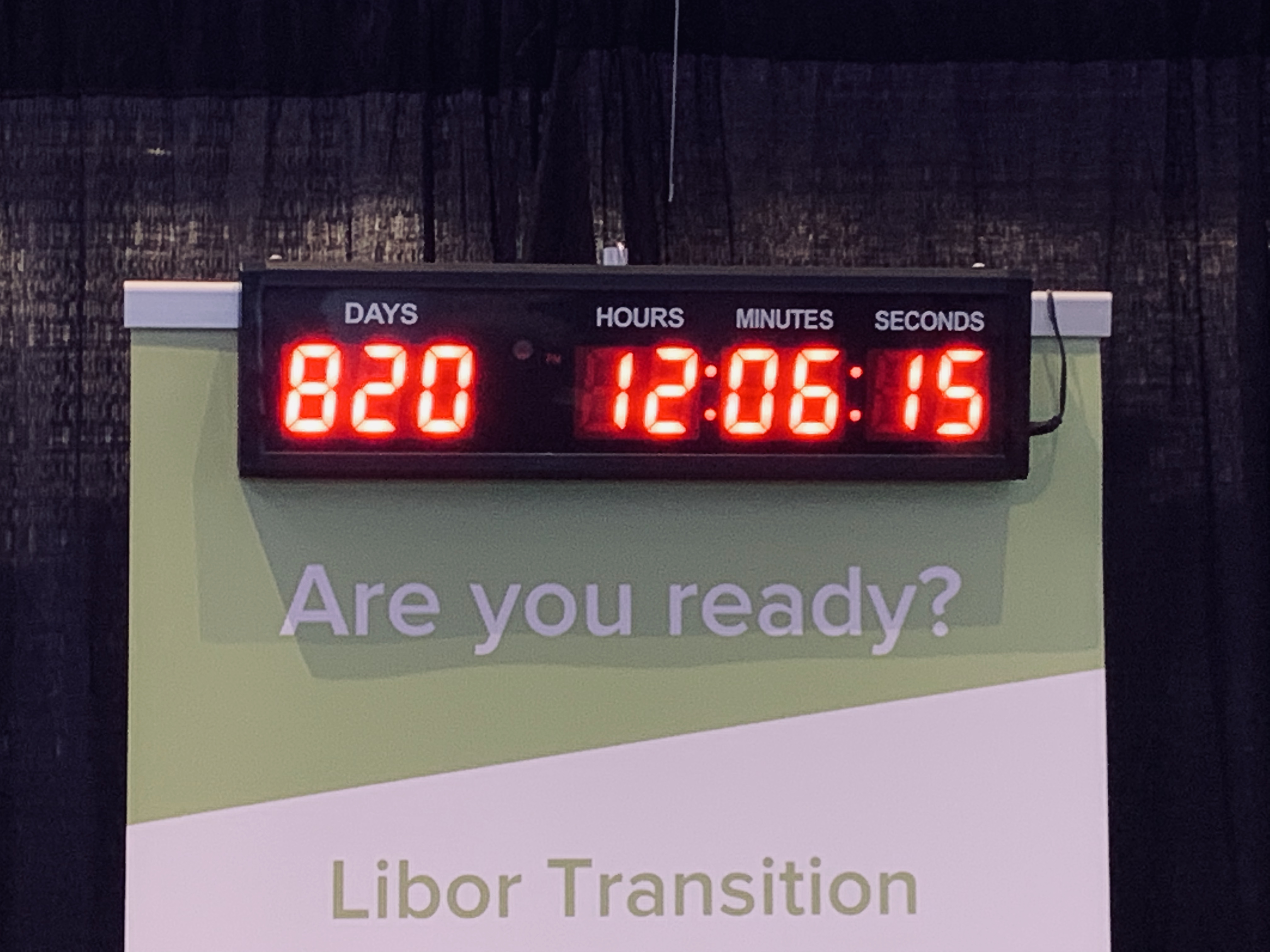 Countdown clock to LIBOR transitions deadline at ABS East 2019 in Miami. Exhibition Hall, dealVector booth. Photograph by Joey Pizzolato