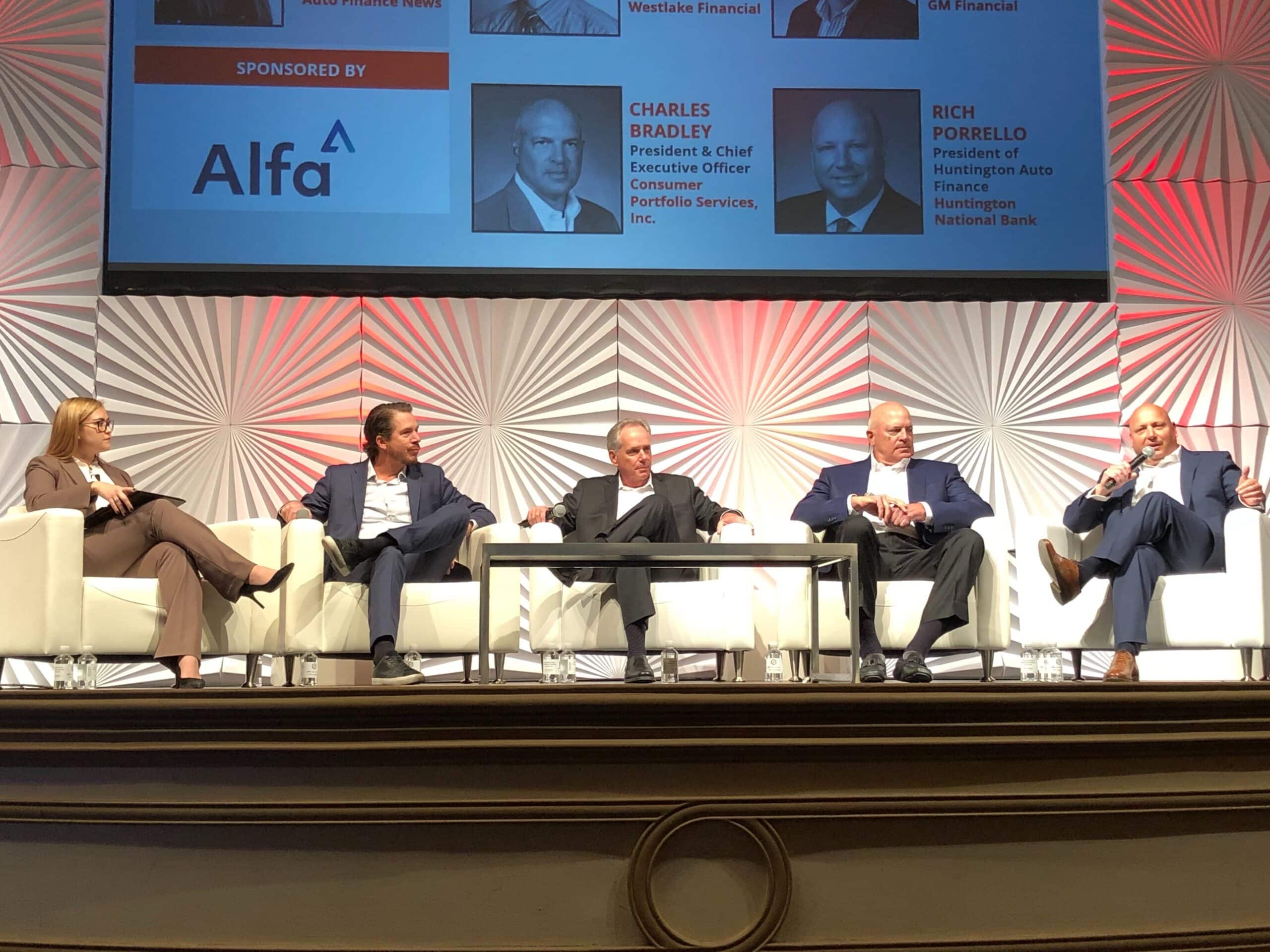 (L-R): Nicole Casperson, Deputy Editor, Auto Finance News; Ian Anderson, Group President, Westlake Financial; Kyle Birch, Chief Operating Officer, GM Financial; Charles Bradley, President & Chief Executive Officer, Consumer Portfolio Services, Inc.; Rich Porrello, President of Huntington Auto Finance, Huntington National Bank