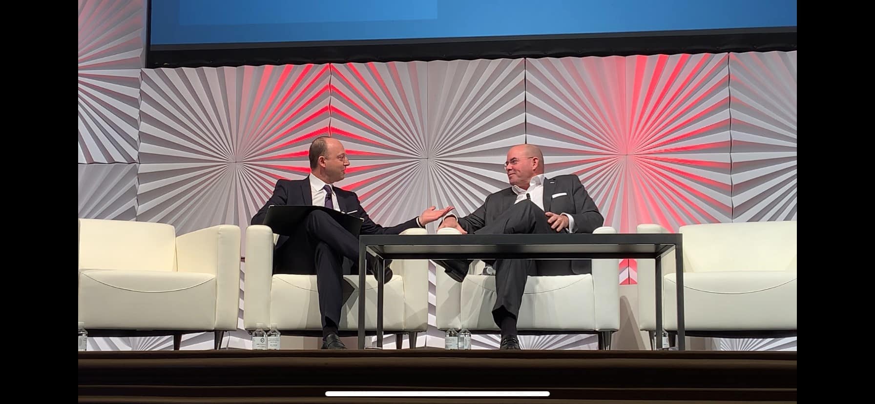 Chase Auto Chief Executive Mark O'Donovan (right) sits down for a fireside chat at the 2019 Auto Finance Summit