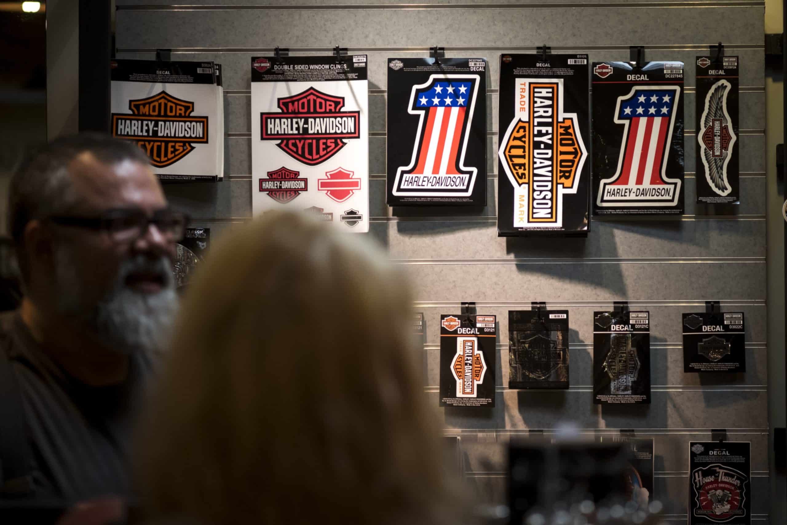 Harley-Davidson Inc. merchandise is displayed at the San Francisco Harley Davidson store in South San Francisco, California, U.S., on Tuesday, June 26, 2018. President Donald Trump appeared to turn on an iconic American company he once embraced, accusing Harley-Davidson Inc. of using new tariffs on trade as cover to shift some production abroad as he threatened the motorcycle manufacturer with a "big tax" on bikes imported to the U.S. Photographer: David Paul Morris/Bloomberg