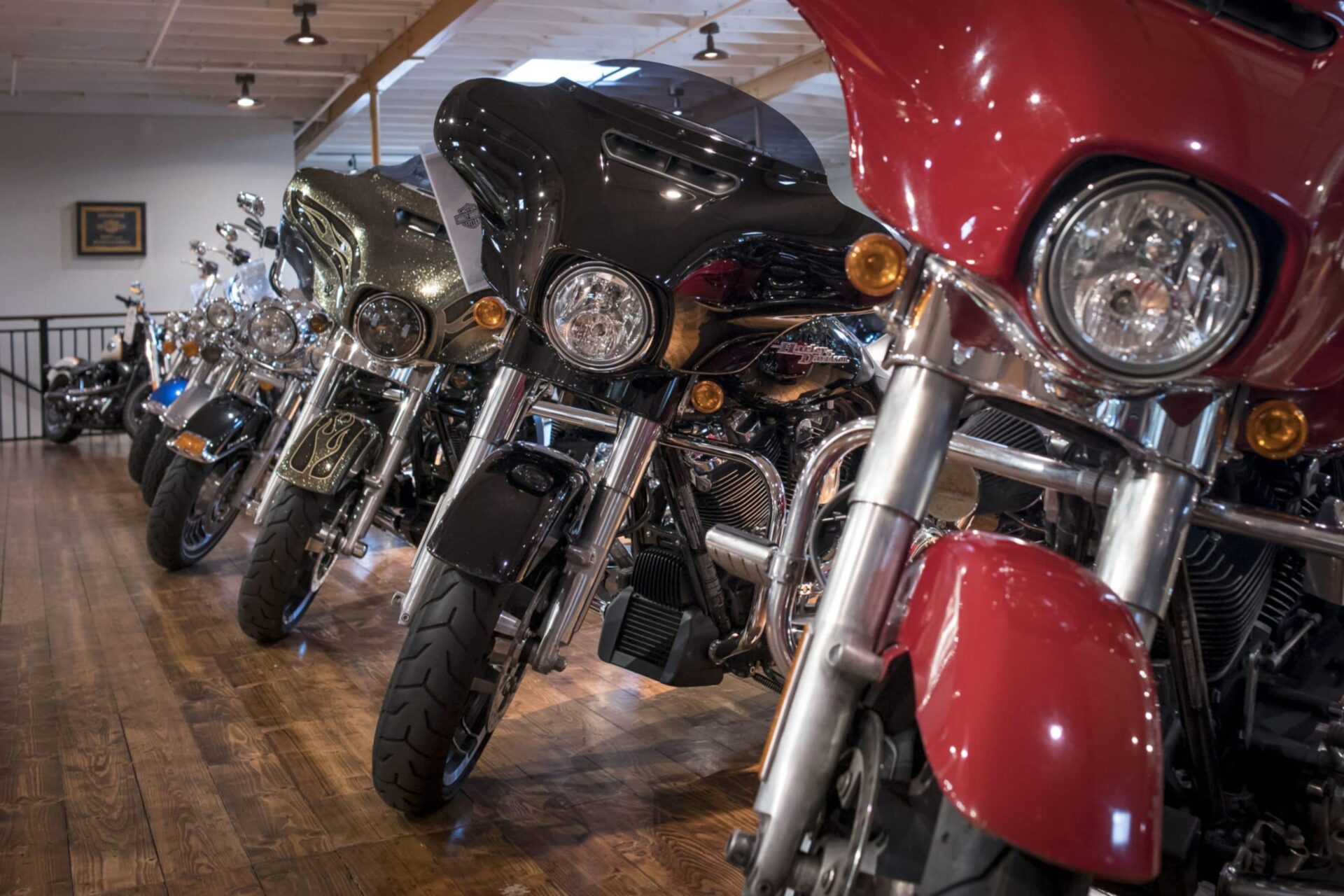 motorcycles lined up in store