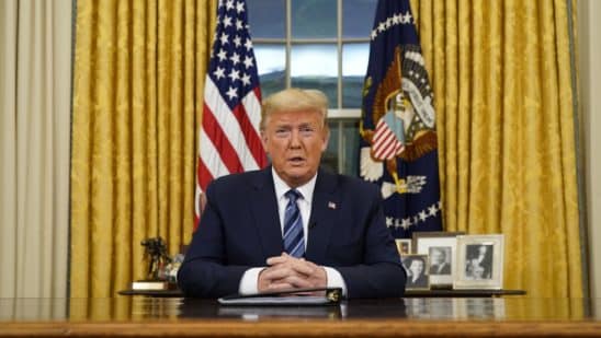 U.S. President Donald Trump speaks during a televised address in the Oval Office of the White House in Washington, D.C., U.S., on Wednesday, March 11, 2020.