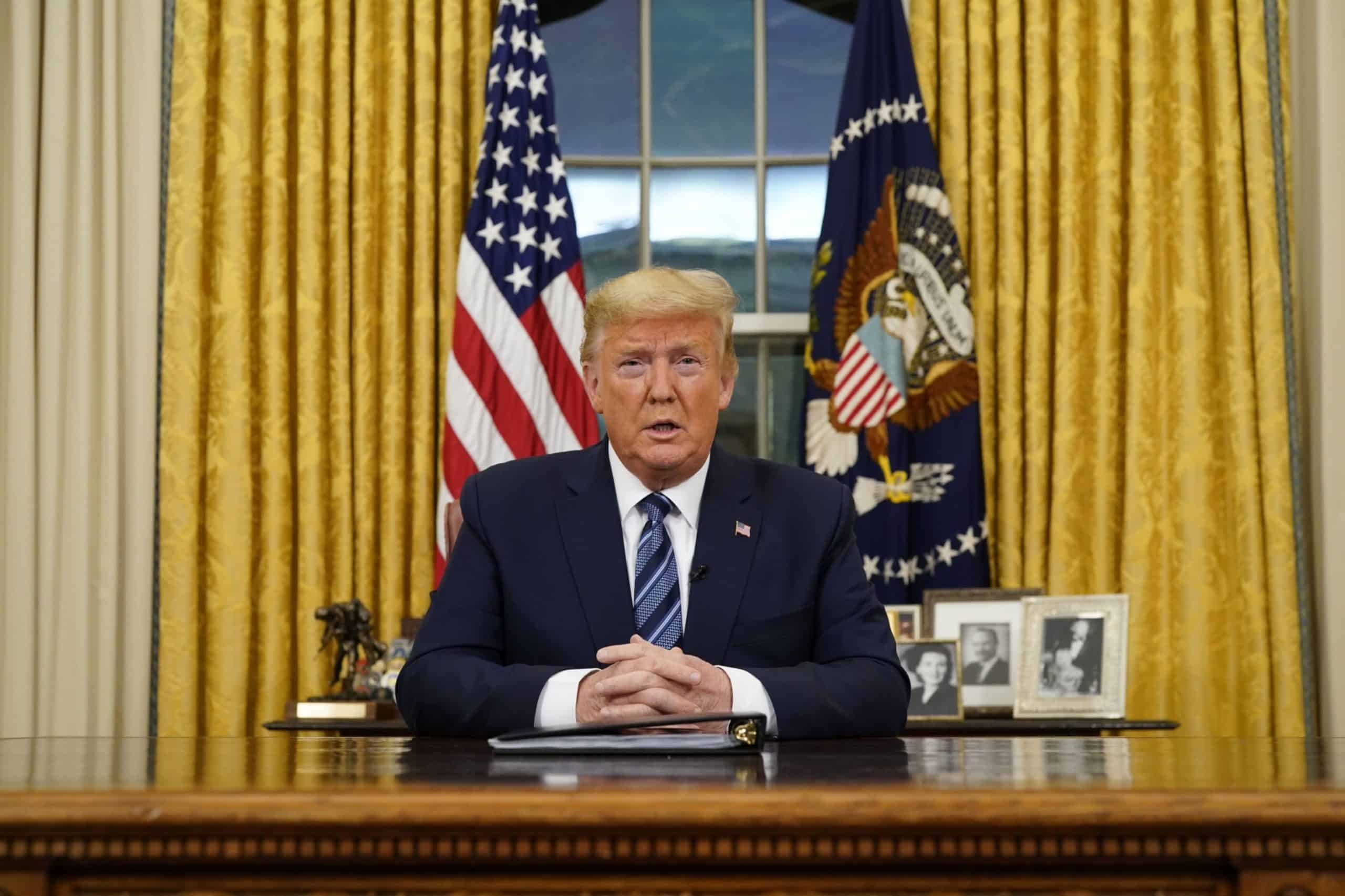 U.S. President Donald Trump speaks during a televised address in the Oval Office of the White House in Washington, D.C., U.S., on Wednesday, March 11, 2020.  Photographer: Doug Mills/The New York Times/Bloomberg