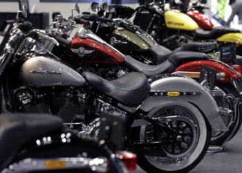 Harley-Davidson Inc. motorcycles stand on display at the Tokyo Motorcycle Show in Tokyo.