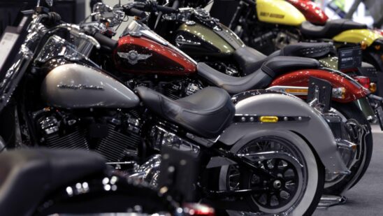 Harley-Davidson Inc. motorcycles stand on display at the Tokyo Motorcycle Show in Tokyo.