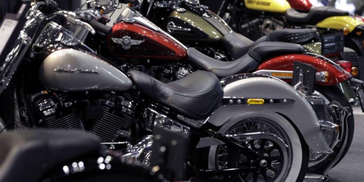 Harley-Davidson Inc. motorcycles stand on display at the Tokyo Motorcycle Show in Tokyo.