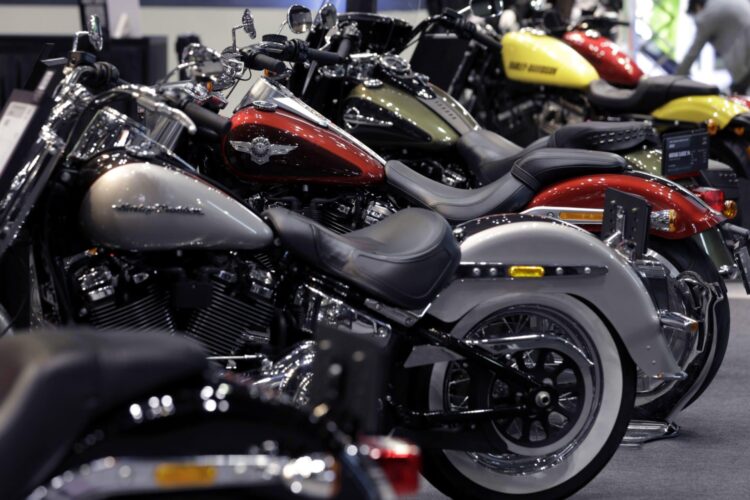 Harley-Davidson Inc. motorcycles stand on display at the Tokyo Motorcycle Show in Tokyo.