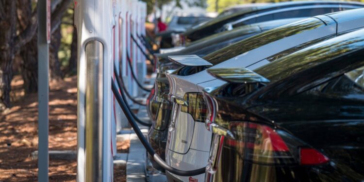 tesla charging station with EVs