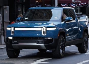 A Rivian R1T electric pickup truck.