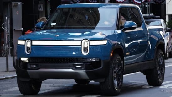 A Rivian R1T electric pickup truck.