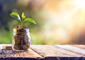 funding concept image coins in jar with leaf growing