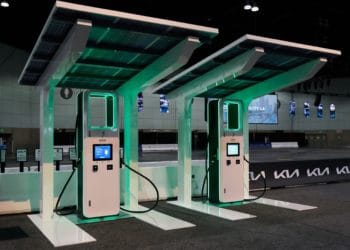 Electrify America electric vehicle (EV) charging stations on display at AutoMobility LA ahead of the Los Angeles Auto Show in Los Angeles, California, U.S., on Thursday, Nov. 18, 2021. Covid-19 canceled the Los Angeles Auto Show in 2020 and now that the show is back, some automakers have decided they didn't need it anyway.