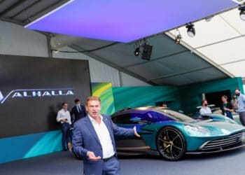 Tobias Moers, chief executive officer of Aston Martin Lagonda Global Holdings Plc, speaks during the reveal of the Valhalla plug-in hybrid supercar, manufactured by Aston Martin Lagonda Global Holdings Plc, in Silverstone, U.K., on Thursday, July 15, 2021. The 950-horsepower plug-in hybrid, boasting futuristic lines and a distinct front, will be the middle child of Aston Martin's mid-engine sports car line, priced below the 2.5 million-pound ($3.5 million) Valkyrie and above the Vantage.