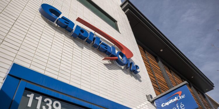 Signage at a Capital One cafe branch in Walnut Creek, California, U.S., on Friday, Jan. 21, 2022. Capital One Financial Corp. is scheduled to release earnings figures on January 25.