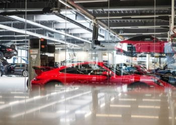 A Porsche 911 luxury automobile in the service garage at the Porsche SE showroom in Dortmund, Germany, on Thursday, March 18, 2021.