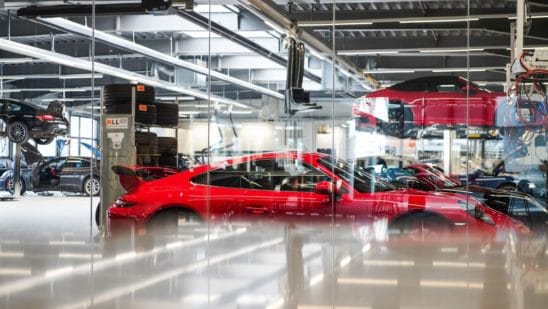 A Porsche 911 luxury automobile in the service garage at the Porsche SE showroom in Dortmund, Germany, on Thursday, March 18, 2021.