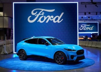 The 2022 Ford Mustang Mach-E electric sports utility vehicle (SUV) at AutoMobility LA ahead of the Los Angeles Auto Show in Los Angeles, California, U.S., on Wednesday, Nov. 17, 2021. Covid-19 canceled the Los Angeles Auto Show in 2020 and now that the show is back, some automakers have decided they didn't need it anyway.