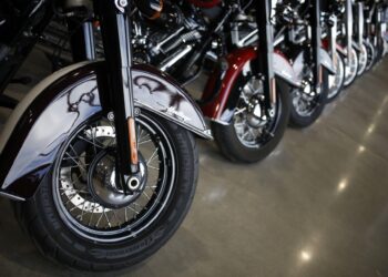 Motorcycles on the showroom floor at the Bluegrass Harley-Davidson dealership in Louisville, Kentucky, U.S., on Wednesday, Feb. 9, 2022. Harley-Davidson Inc. gained after reporting a surprise profit in the fourth quarter as strong demand in its home market and higher motorcycle prices padded earnings and shipping delays eased.