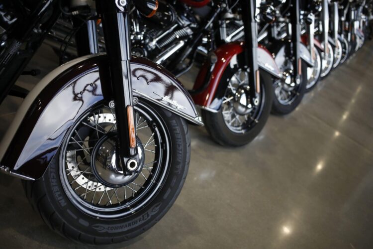 Motorcycles on the showroom floor at the Bluegrass Harley-Davidson dealership in Louisville, Kentucky, U.S., on Wednesday, Feb. 9, 2022. Harley-Davidson Inc. gained after reporting a surprise profit in the fourth quarter as strong demand in its home market and higher motorcycle prices padded earnings and shipping delays eased.