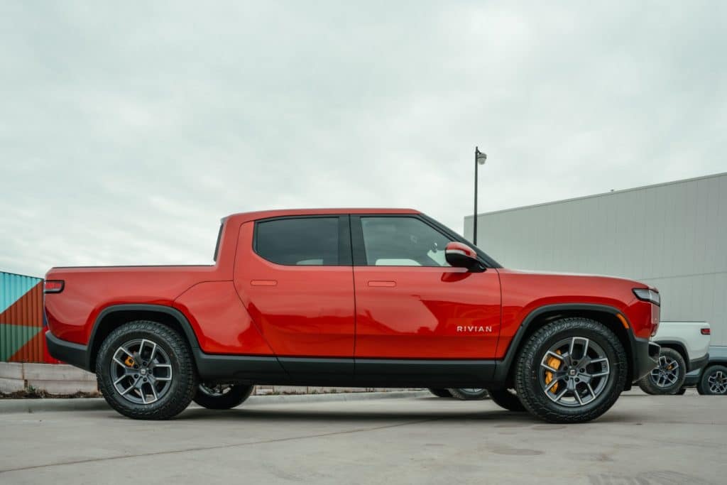 The Rivian R1T electric vehicle (EV) pickup truck outside the company's manufacturing facility in Normal, Illinois, US., on Monday, April 11, 2022. Rivian Automotive Inc. produced 2,553 vehicles in the first quarter as the maker of plug-in trucks contended with a snarled supply chain and pandemic challenges.