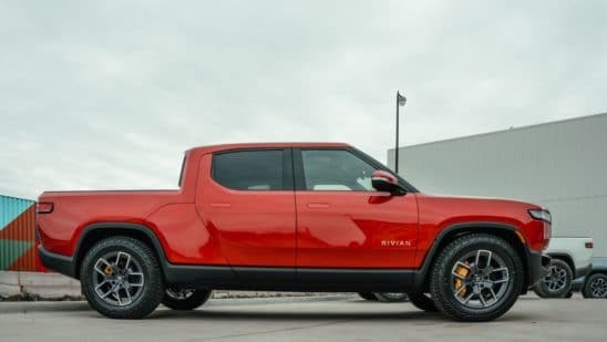The Rivian R1T electric vehicle (EV) pickup truck outside the company's manufacturing facility in Normal, Illinois, US., on Monday, April 11, 2022. Rivian Automotive Inc. produced 2,553 vehicles in the first quarter as the maker of plug-in trucks contended with a snarled supply chain and pandemic challenges.