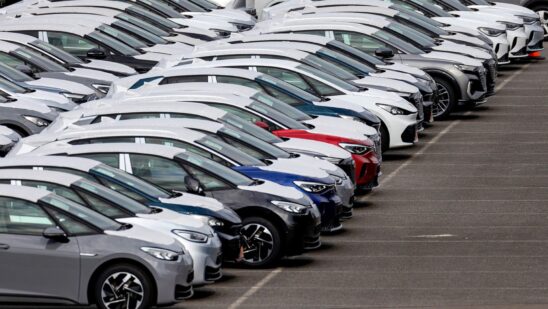 Newly-manufactured electric vehicles (EV) in a storage lot at the Volkswagen AG (VW) electric automobile plant in Zwickau, Germany