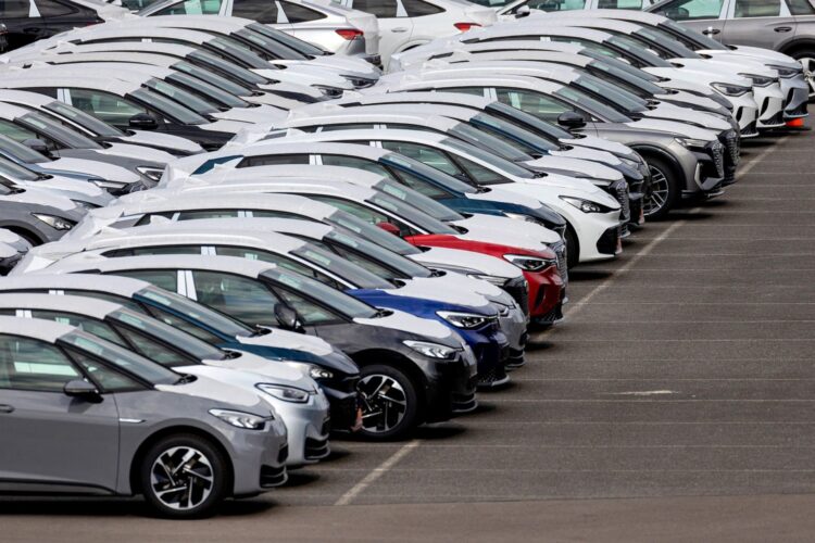 Newly-manufactured electric vehicles (EV) in a storage lot at the Volkswagen AG (VW) electric automobile plant in Zwickau, Germany