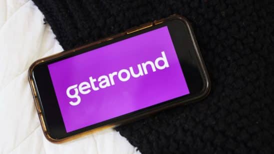 The logo for Getaround Inc. is displayed on a smartphone in an arranged photograph taken in the Brooklyn borough of New York, U.S., on Wednesday, June 10, 2020. Car-sharing platforms, which have suffered during the Covid-19 lockdown, see an opportunity emerging: an increase in short-distance, local trips as U.S. consumers look for a different way of getting to work and running errands.