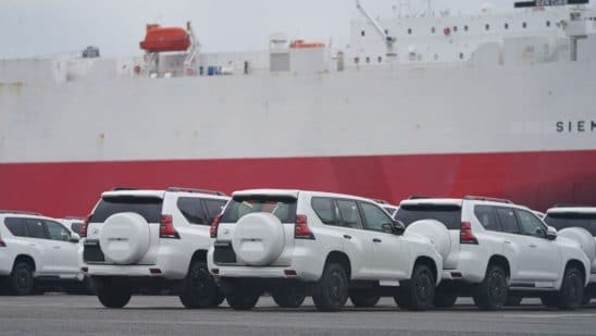 Toyota Motor Corp. Land Cruiser Prado sport utility vehicle (SUV) bound for shipment at a port in Yokohama, Japan, on Monday, May 9, 2022. Toyota is scheduled to release earnings figures on May 11.