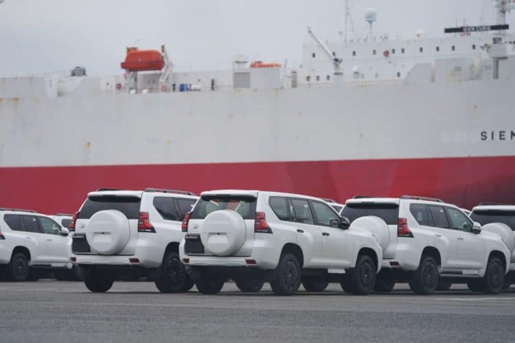 Toyota Motor Corp. Land Cruiser Prado sport utility vehicle (SUV) bound for shipment at a port in Yokohama, Japan, on Monday, May 9, 2022. Toyota is scheduled to release earnings figures on May 11.