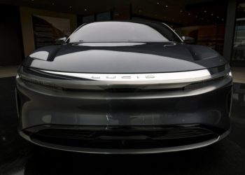 The Lucid Air prototype electric vehicle, manufactured by Lucid Motors Inc., is displayed at the company's headquarters in Newark, California, U.S., on Monday, Aug. 3, 2020. The final specs and design of the Lucid Air are due to be unveiled at an event in September and executives say customers can now expect delivery of the first batch of Airs in spring 2021.