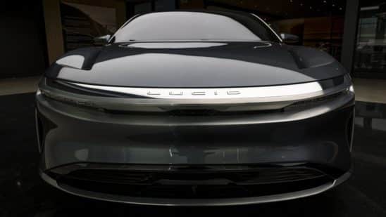 The Lucid Air prototype electric vehicle, manufactured by Lucid Motors Inc., is displayed at the company's headquarters in Newark, California, U.S., on Monday, Aug. 3, 2020. The final specs and design of the Lucid Air are due to be unveiled at an event in September and executives say customers can now expect delivery of the first batch of Airs in spring 2021.