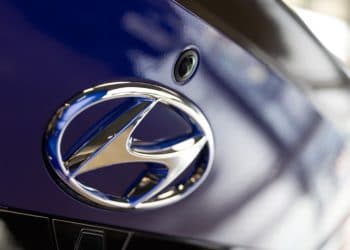 close up of Hyundai logo on car