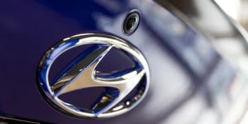 close up of Hyundai logo on car