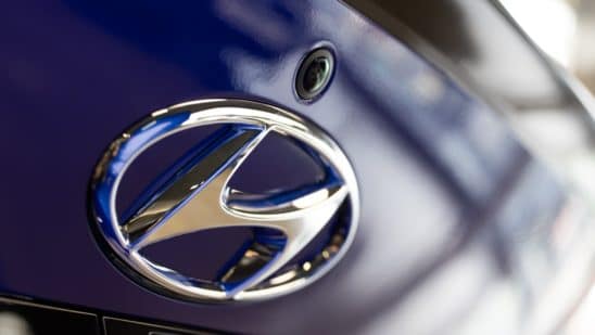 close up of Hyundai logo on car