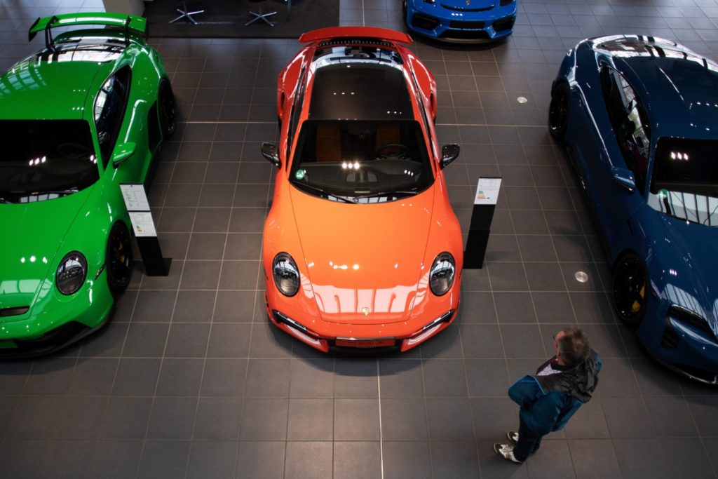 A customer at a Porsche SE showroom in Berlin, Germany.