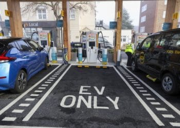 A Shell Recharge EV charging hub in London which replaced petrol and diesel pumps.