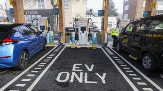 A Shell Recharge EV charging hub in London which replaced petrol and diesel pumps.