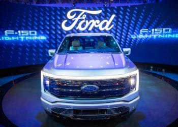 A Ford F-150 Lightning Platinum electric truck during the 2022 New York International Auto Show (NYIAS) in New York, U.S., on Thursday, April 14, 2022. The NYIAS returns after being cancelled for two years due to the Covid-19 pandemic.
