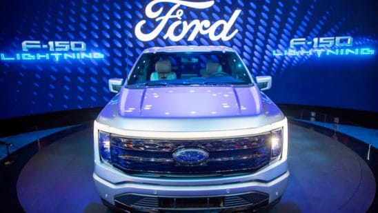 A Ford F-150 Lightning Platinum electric truck during the 2022 New York International Auto Show (NYIAS) in New York, U.S., on Thursday, April 14, 2022. The NYIAS returns after being cancelled for two years due to the Covid-19 pandemic.