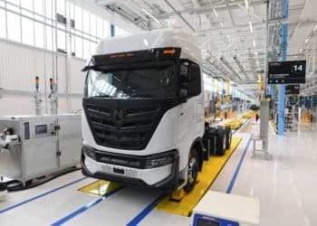 A Nikola Tre battery-electric heavy duty truck at the Nikola Corp.-Iveco SpA joint venture electric truck plant in Ulm, Germany, on Wednesday, Sept. 15, 2021. Nikola Iveco Europe GmbH hosted an event where its partner Iveco -- the commercial-vehicle unit of CNH Industrial NV -- is preparing to start series production of Nikola Tre heavy-duty trucks by year-end.